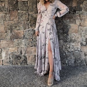 Loving You Dusty Purple Floral Print Long Sleeve Wrap Dress LULUS